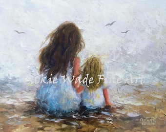 Mother and Daughter Art Print: Beach Chat, Blue Gray Decor