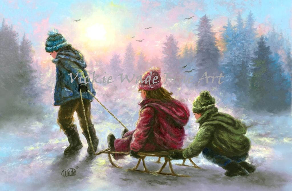 Three Children Sledding Art Print Two Boys and Girl, Vickie