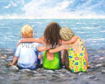 Three Beach Children Hugging Art Print, two sisters and little brother, two girls and little boy beach kids art, three kids, Vickie Wade Art