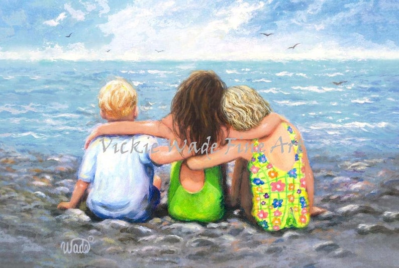 Three Beach Children Hugging Art Print, two sisters and little brother, two girls and little boy beach kids art, three kids, Vickie Wade Art image 1