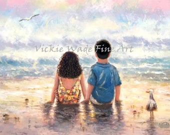 Bruder und Schwester Strand Kunstdruck, großer Bruder und kleine Schwester, Junge und Mädchen, Sohn und Tochter, sitzend am Strand, Vickie Wade Art