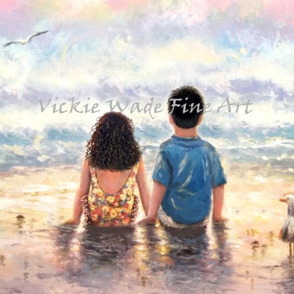 Brother and Sister Beach Art Print, big brother and little sister, boy and girl, son and daughter, sitting on beach, Vickie Wade Art