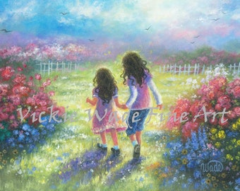 Two Sisters Art Print, two girls holding hands, girls room wall art, two brunette girls, children's wall art flower garden, Vickie Wade Art