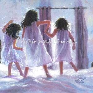 Three Sisters Jumping Art Print, three girls bedroom lavender wall art decor, three brunettes, three best friends, Vickie Wade art