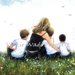 Mother and Three Sons Art Print, mom, three boys, blonde mother, mom hugging three sons, mother's day gift, mum art,  Vickie Wade Art