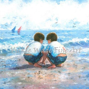 Two Beach Boys Art Print, two brothers beach, beach wall art, art, little boys room, two boys blue wall art, beach painting, Vickie Wade art image 5