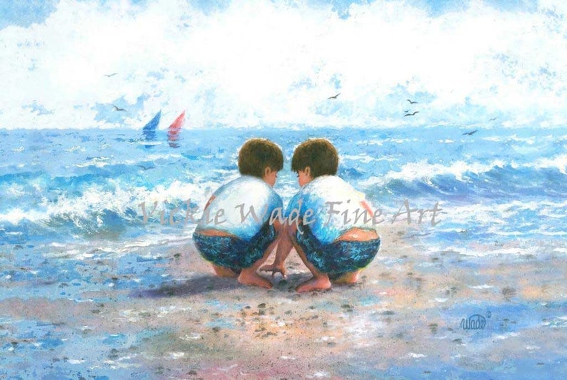 Two Beach Boys Art Print, two brothers beach, beach wall art, art, little boys room, two boys blue wall art, beach painting, Vickie Wade art image 5