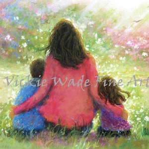 Mother Son & Daughter Art Print, garden mother, Mother&#39;s day gift, brother and sister, boy and girl wall art, mom, mum art, Vickie Wade art