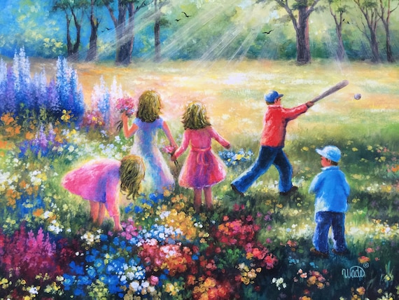 Five Children Playing Art Print Five Kids Happy Kids Summer