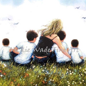 Mother Four Sons Art Print, four brothers, four boys, mom, mother of four boys, mum mom mother hugging four sons painting, Vickie Wade Art image 2