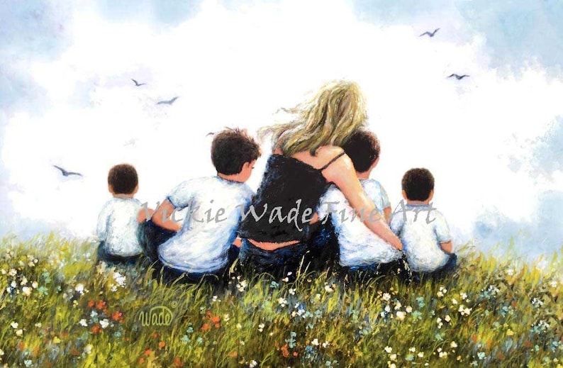 Mother Four Sons Art Print, four brothers, four boys, mom, mother of four boys, mum mom mother hugging four sons painting, Vickie Wade Art image 2