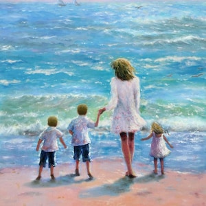 Beach Mother Two Sons and Daughter Art Print, two boys and girl, two brothers and sister, aqua sea, blond family on beach, Vickie Wade Art