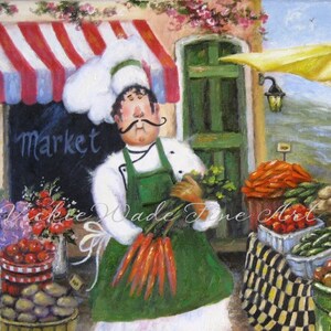 Chef Art Print, fat chefs chef paintings prints chef art kitchen decor cafe french market food, market chef and vegetables, Vickie Wade image 2