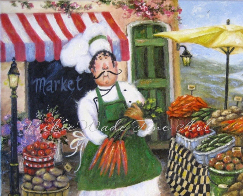 Chef Art Print, fat chefs chef paintings prints chef art kitchen decor cafe french market food, market chef and vegetables, Vickie Wade image 2