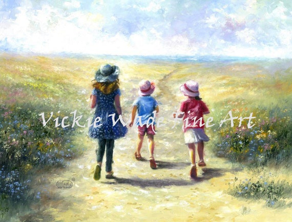 Children Playing Art Print Kids Summer Time Wall Art, Three Children, Lake  Paintings, Three Children, Sisters Brother, Vickie Wade Art 