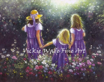 Three Sisters Art Print, three girls paintings flower garden three girlfriends, three best friends, Forever Friends art, Vickie Wade art