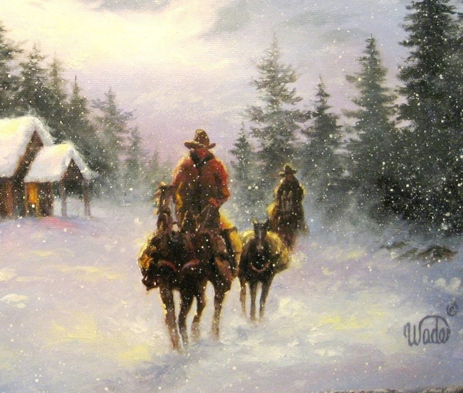 Snowy Mountain Cabin Cowboys Art Print Cowboys Snow Paintings - Etsy