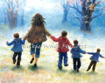 Mother and FOUR Sons Art Print, four boys, four brothers out for a walk, mom, mum, holding hands, hand in hand, forest, Vickie Wade Art