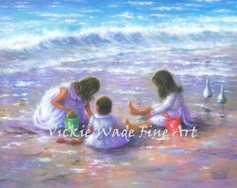 Three Beach Girls Art Print, beach children paintings, three beach sisters, three brunette girls,beach wall decor, shelling, Vickie Wade art