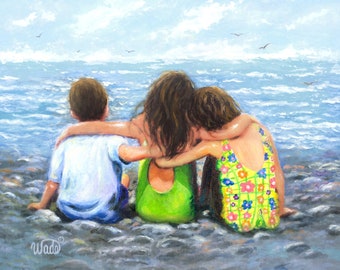 Three Beach Children Hugging Art Print, two sisters and little brother, two girls and little boy, three kids, brunettes, Vickie Wade Art