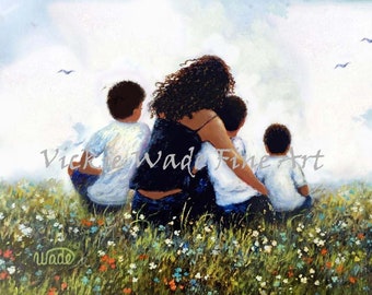 African American Mother Three Sons Hugging Art Print, three black boys hugging mom, black mother three black sons meadow, Vickie Wade Art