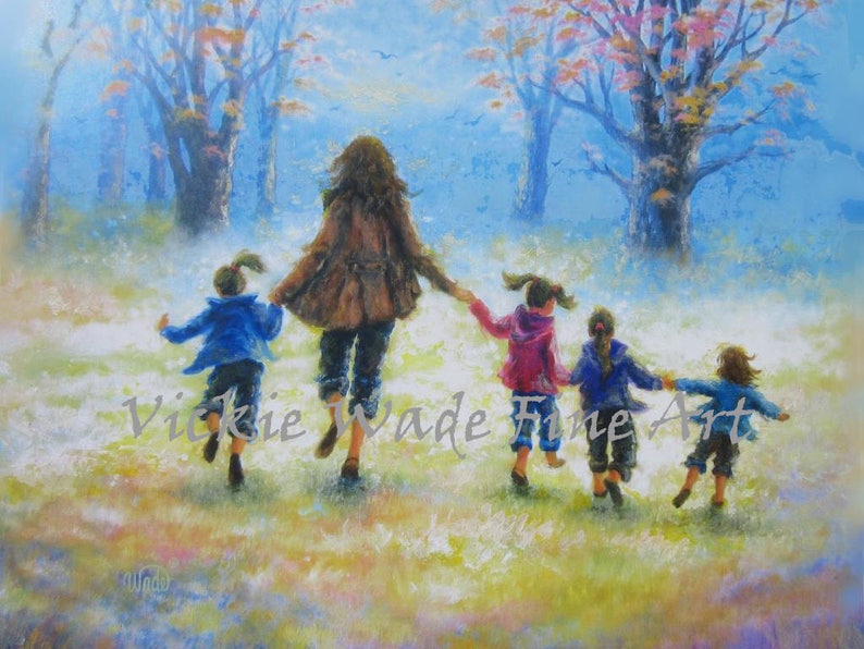 Mother Four Daughters Art Print, four sisters, four girls, mom, wall art, motherhood, mother's day gift, art, painting, Vickie Wade art image 1