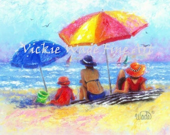 Beach Art Print, mother and daughter, beach girls, paintings, beach umbrellas, beach wall decor,beach art, ocean, Vickie Wade art