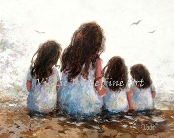 Moeder en drie dochters Beach Chat Art Print, moeder zittend op het strand, drie zussen, drie brunette meisjes, Vickie Wade Art