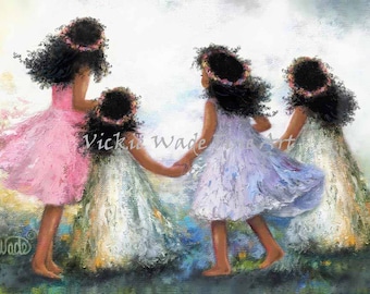 African American Four Sisters Art Print, four black girls curly hair, ring around the rosy, four black girls holding hands, Vickie Wade Art