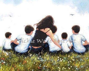 Mother and Five Sons Hugging Art Print, brunette, five boys, blonde, five brothers, mum, mom, wildflower meadow, Vickie Wade Art