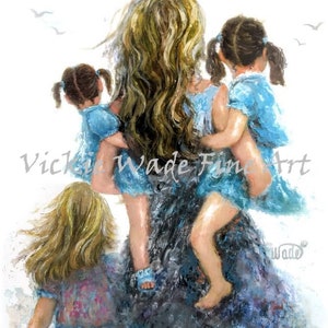 Mother Three Daughters Art Print, mother paintings, blonde mom three girls, carrying daughters, three sisters, gift, girls room, Vickie Wade image 3