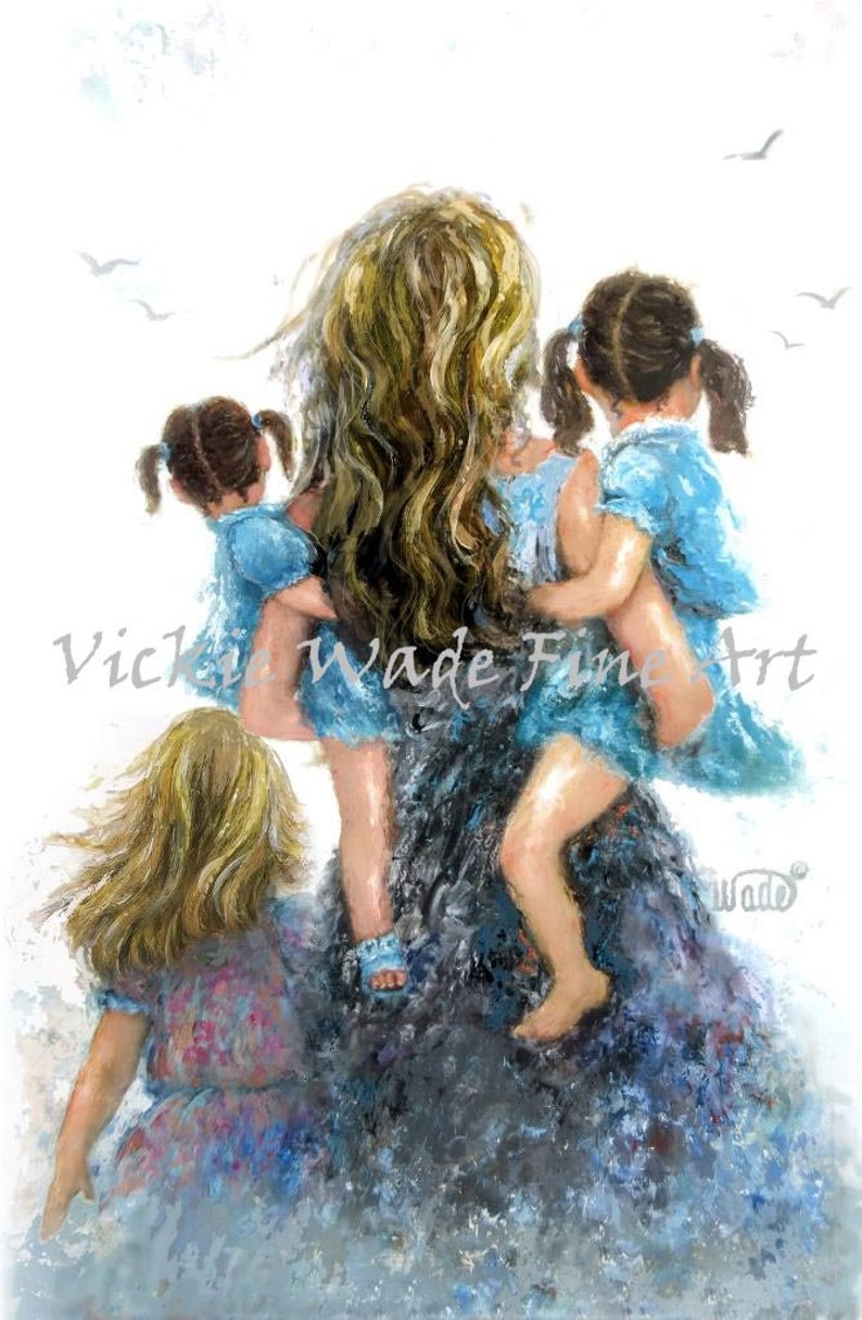 Mother Three Daughters Art Print, mother paintings, blonde mom three girls, carrying daughters, three sisters, gift, girls room, Vickie Wade image 3