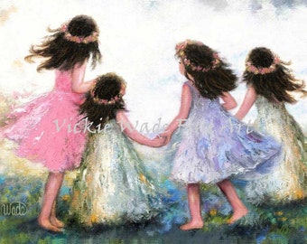 Four Sisters Art Print, four brunette girls, four blonde girls, ring around the rosy pocket full of posies, Vickie Wade Art.