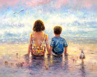 Sister Brother Beach Art Print, boy and girl, little brother big sister, brother and sister, ocean, siblings, sitting,  Vickie Wade Art