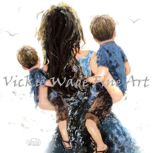 Mother Two Sons Art Print, two boys, two brothers, mother carrying two sons, blue boys room wall art, brunette mom and sons, Vickie Wade Art