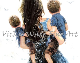 Mother and Two Sons Art Print: Brunette Mom, Blue Boys Room Decor