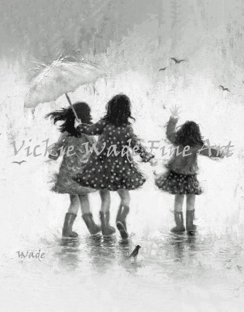 Three Sisters Rain Art Print, three girls paintings, three rain sisters, sisters paintings, girls room art, three daughters, Vickie Wade Art image 4