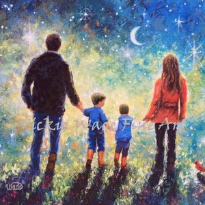 May include: A painting depicting a family of four walking beneath a starry night sky. The parents are holding hands with their two children. The sky is a deep blue with white stars and a crescent moon. The family is silhouetted against the bright light of the stars.