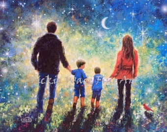 Family Two Boys Art Print evening walk, father, mother, two sons, starry night, twilight walk wall art, Vickie Wade