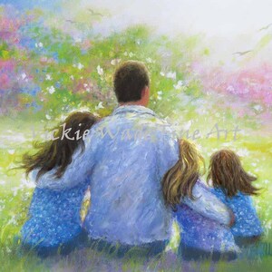 Father Three Daughters Art Print, three sisters, three girls paintings, dad three daughters, father paintings, twins, dad, Vickie Wade art image 5