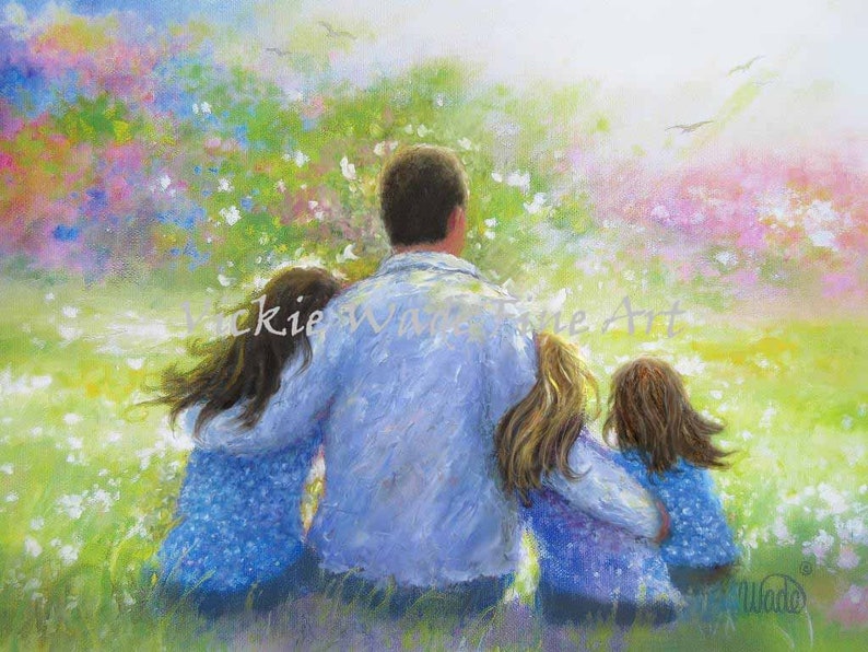 Father Three Daughters Art Print, three sisters, three girls paintings, dad three daughters, father paintings, twins, dad, Vickie Wade art image 5