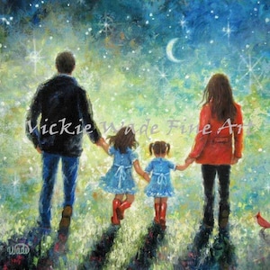 May include: A painting depicting a family of four walking hand-in-hand beneath a starry night sky. The parents are wearing jackets, and the two children are wearing blue dresses and red boots. The painting is rendered in a whimsical style with a bright colour palette.