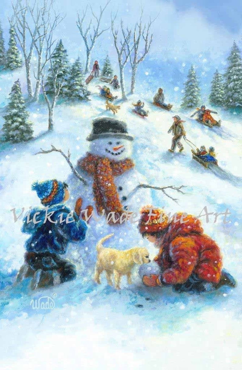 Children Playing in Snow Art Print, snowman, paintings, boy, girl, brother, sister, snowmen, kids snow sledding, winter art, Vickie Wade Art image 1