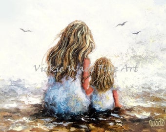 Mother Daughter Art Print, mother paintings, blonde mom daughter, two sisters, big sister, mother's day gift, wall decor, Vickie Wade