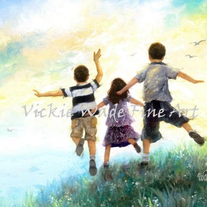 Three Children Leaping Art Print two boys and girl, two brothers and big sister, happy kids outdoors, playing jumping happy, Vickie Wade art