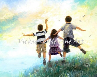 Three Children Leaping Art Print two boys and girl, two brothers and big sister, happy kids outdoors, playing jumping happy, Vickie Wade art