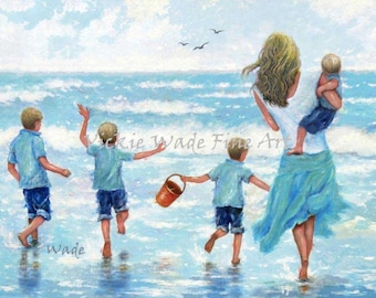 Mother Four Boys Beach Art Print, blondes, four brothers, mom, four sons, 4 beach boys paintings, four blonde boys prints, Vickie Wade Art