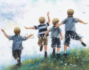Four Brothers Art Print, four boys leaping, four sons, boys room wall art, four blonde boys paintings, four boys jumping, Vickie Wade art