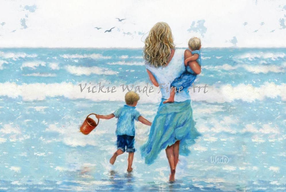 David cutler　mothers love 飾り絵 Mother and Two Sons Beach Art Print: Brunette, Redhead, Blonde - Etsy