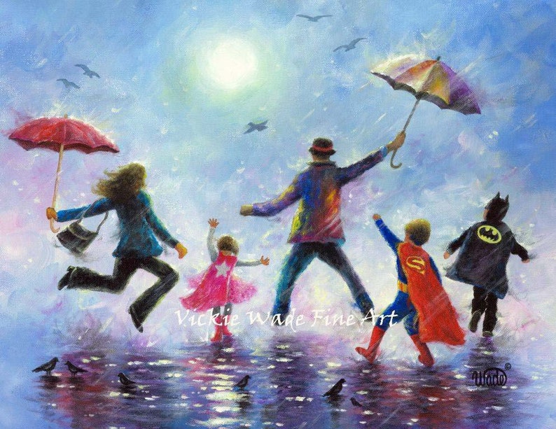 Three Children Art Print, happy family dad, mom, three superhero kids, singing in the rain, superhero paintings, 2 boys 1 girl, Vickie Wade image 2